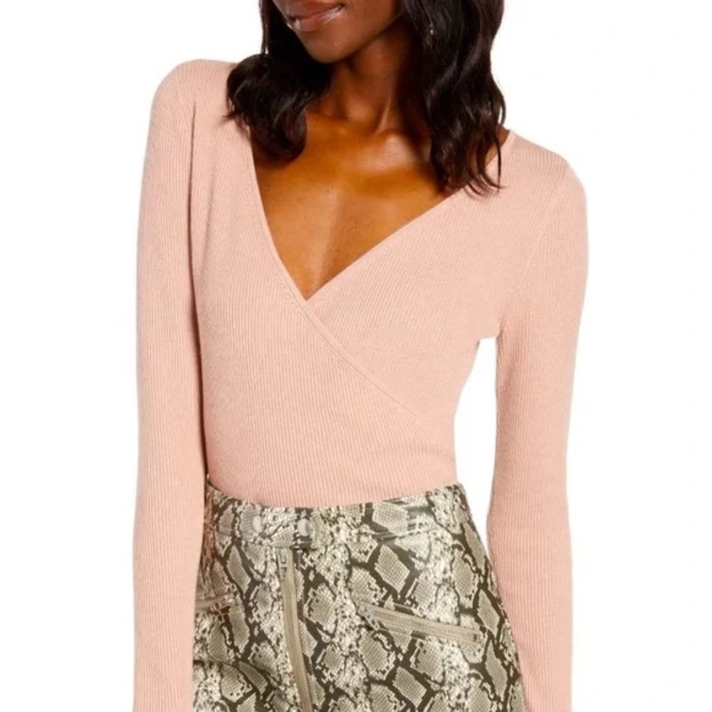 Leith Pink Ribbed Surplice Neck Wrap Sweater NWT - Size XL